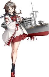  1girl akasaka_yuzu black_sailor_collar black_socks bow braid brown_hair commentary detached_sleeves fingerless_gloves full_body glasses gloves green_eyes headgear hie_maru_(kancolle) kantai_collection low_twin_braids low_twintails official_art pleated_skirt red_bow red_shoes red_skirt ribbon-trimmed_sleeves ribbon_trim rigging sailor_collar sailor_shirt shirt shoes skirt smile socks solo standing third-party_source transparent_background twin_braids twintails white_gloves 
