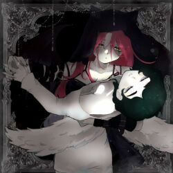  2girls alien_stage arm_around_another's_back black_hair black_veil commentary dancing dress english_commentary highres holding_hands long_hair makeup michi_mimi mizi_(alien_stage) multiple_girls official_alternate_costume pink_hair runny_makeup short_hair signature sua_(alien_stage) veil white_dress white_wings wings yellow_eyes yuri 