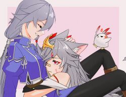  2girls absurdres anger_vein animal_ear_fluff animal_ears bandaid bandaid_on_face bandaid_on_nose between_legs black_pants blue_shirt cat_ears cat_girl chinese_commentary closed_eyes commentary_request fu_hua fu_hua_(valkyrie_accipiter) grey_hair herrscher_of_sentience highres honkai_(series) honkai_impact_3rd hug jingwei_(bird) kemonomimi_mode multiple_girls pants red_eyes shirt single_tear yuri zhishiyizhishilaimu 