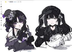  2girls arki_hrzoi arm_belt art_program_in_frame asymmetrical_gloves bandaged_arm bandaged_hand bandages bare_shoulders black_choker black_coat black_dress black_gloves black_hair black_hat black_kimono black_ribbon bow bowl butterfly_hair_ornament butterfly_hat_ornament checkered_sleeves choker closed_mouth coat collared_dress commentary_request dress flower furisode gloves goggles goggles_on_headwear grey_eyes hair_ornament hat hat_flower hat_ornament highres holding holding_bowl holding_mixing_bowl holding_whisk housho_margo japanese_clothes kimono kurobe_nanoka lolita_fashion long_hair long_sleeves mahou_shoujo_no_majo_saiban mini_hat mini_top_hat multiple_girls neck_ribbon off-shoulder_dress off_shoulder ribbon short_hair simple_background smile top_hat twintails violet_eyes wa_lolita whisk white_background wide_sleeves 