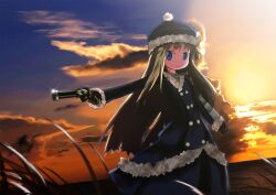  blonde_hair blue_coat blue_hat buttons closed_mouth clouds coat cowboy_shot fur-trimmed_coat fur-trimmed_headwear fur_trim grass gun gunner_(sekaiju) gunner_2_(sekaiju) hat holding holding_gun holding_weapon long_hair looking_at_viewer moriya_suo ocean outdoors outstretched_arm pom_pom_(clothes) sekaiju_no_meikyuu sekaiju_no_meikyuu_2 standing sunset tall_grass weapon 