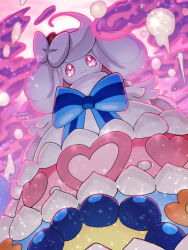  alcremie blue_bow blue_bowtie bow bowtie cake closed_mouth commentary_request dynamax food from_below gigantamax gigantamax_alcremie layer_cake looking_at_viewer pink_eyes pokemon pokemon_(creature) runachikku smile solo twitter_username 