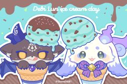  2others :d :q aqua_background artist_name bell black_sclera black_wings blue_horns brown_background character_name chibikemo chocolate claws closed_mouth colored_sclera commentary_request debidebi_debiru demon demon_horns demon_wings diagonal-striped_background english_text facial_mark food food_on_head forehead_mark furry gem green_eyes grey_fur horns ice_cream ice_cream_cone jingle_bell licking_lips looking_at_viewer lunlun_(nijisanji) mint_chocolate multiple_horns multiple_others neck_bell nijisanji object_on_head open_mouth outline purple_gem rope smile sprinkles striped_background tongue tongue_out twitter_username virtual_youtuber white_fur white_outline wings yanagi_(sham0o081) yellow_eyes 