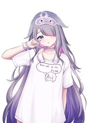  1girl :o arm_behind_back character_print grey_hair hair_flaps hair_over_one_eye headphones headphones_around_neck hololive hololive_english jewel_under_eye koseki_bijou koseki_bijou_(pebble_pajamas) long_hair looking_at_viewer mask mask_on_head official_alternate_costume pebble_(koseki_bijou) pink_hair print_shirt scrunchie shirohodo shirt sleep_mask solo transparent_background violet_eyes virtual_youtuber white_shirt wrist_scrunchie 