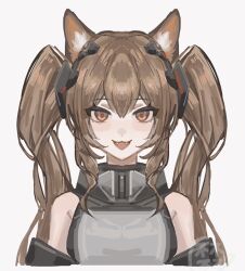  1girl :d angelina_(arknights) animal_ear_fluff animal_ears arknights arknights:_endfield bare_shoulders blush_stickers brown_hair bu_bu_bu_bu_(xhs_26267653452) chinese_commentary commentary_request cropped_torso diamond-shaped_pupils diamond_(shape) double-parted_bangs dress fangs fox_ears fox_girl gilberta_(arknights) grey_dress hair_between_eyes headgear high_collar long_hair looking_at_viewer off_shoulder orange_eyes simple_background sleeveless sleeveless_dress smile solo symbol-shaped_pupils twintails upper_body white_background 