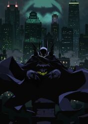  1boy absurdres bat_signal batarang batman batman_(series) batman_symbol belt black_bodysuit black_cape bodysuit building cape chimney city commentary cowl dc_comics dual_wielding english_commentary facing_viewer floating_cape highres holding holding_weapon letro male_focus night on_rooftop outdoors overcast sky skyscraper solo squatting steam superhero_costume weapon x_arms yellow_belt 