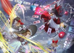  2girls apron ascot between_fingers black_hat black_skirt black_vest blonde_hair bow braid broom broom_riding brown_hair card card_between_fingers chain commentary_request cuffs dedemaru detached_sleeves doll duel frilled_bow frilled_hair_tubes frilled_skirt frills gohei hair_bow hair_tubes hakurei_reimu hat hat_bow highres holding holding_card holding_gohei holding_polearm holding_shield holding_sword holding_weapon kirisame_marisa long_hair magic_circle mini-hakkero mouth_hold multiple_girls ofuda orb outdoors polearm red_bow red_eyes red_skirt ribbon-trimmed_sleeves ribbon_trim shackles shanghai_doll shield side_braid single_braid skirt skirt_set spear sword touhou vest waist_apron weapon white_apron white_bow witch_hat yellow_ascot yellow_eyes yin_yang yin_yang_orb 