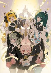  6+girls absurdres ahoge animal_ears black_hair black_hairband blonde_hair blue_skin closed_mouth colored_skin commentary_request corin_wickes demon_horns dialyn_(zenless_zone_zero) fang green_eyes green_hair hair_ornament hairband highres horns ju_fufu long_sleeves looking_at_viewer looking_to_the_side multicolored_hair multiple_girls omutatsu open_mouth parted_lips pink_hair qingyi_(zenless_zone_zero) rabbit_ears rabbit_girl red_eyes second-party_source smile soukaku_(zenless_zone_zero) thick_eyebrows tiger_ears tiger_girl twintails two-tone_hair violet_eyes white_hair zenless_zone_zero zhao_(zenless_zone_zero) 