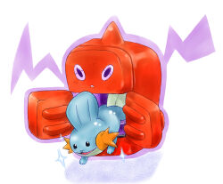  commentary_request mudkip no_humans pokemon pokemon_(creature) pokemon_focus rotom rotom_(frost) simple_background sparkle violet_eyes white_background yoshizaki_kan 