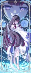  1girl absurdres angel_wings ankle_ribbon black_hair blue_flower closed_eyes closed_mouth columbina_(genshin_impact) commentary_request dress feathered_wings flower full_body genshin_impact gradient_hair hair_ribbon head_wings highres index_finger_raised kurobikari leg_ribbon long_hair long_sidelocks looking_at_viewer multicolored_hair multiple_wings pink_eyes pink_hair ribbon sidelocks signature smile very_long_hair white_dress white_ribbon wings wrist_ribbon 