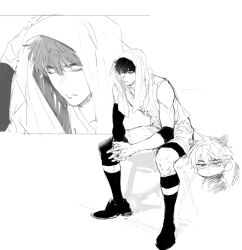  1boy @_@ animal_ears basketball_jersey basketball_shorts basketball_uniform bike_shorts bike_shorts_under_shorts black_eyes black_hair black_shoes black_socks cat_boy cat_ears cat_tail chibi chibi_inset choi_jongsu close-up elbow_sleeve full_body garbage_time greyscale highres knee_sleeve lower_eyelashes_only male_focus messy_hair monochrome multiple_views muscular muscular_male number_print own_hands_clasped own_hands_together portrait shoes short_hair shorts simple_background sitting sketch sneakers socks solo sportswear tail tank_top towel towel_on_head ununtied white_background white_shorts white_tank_top 