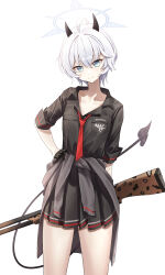  12xiaopumpit29 1girl absurdres black_gloves black_horns black_shirt black_skirt blue_archive clothes_around_waist commentary_request demon_horns demon_tail erika_(blue_archive) fabarm_fp6/sdass gehenna_academy_logo gloves grey_halo gun half_gloves halo hand_on_own_hip highres holding holding_gun holding_weapon horns jacket jacket_around_waist necktie pump_action red_necktie shirt short_hair shotgun skirt tail weapon white_hair white_halo 
