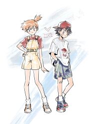  1boy 1girl aihara-rina alternate_costume ash_ketchum bandaid bandaid_on_cheek bandaid_on_face bandaid_on_knee bandaid_on_leg bare_arms baseball_cap belt belt_buckle black_hair blue_shorts buckle casual closed_mouth commentary dated full_body hand_on_own_hip hands_in_pockets hat heart high_side_ponytail legs looking_at_viewer misty_(pokemon) orange_hair overall_shorts overalls pokemon pokemon_(anime) pokemon_(classic_anime) red_hat red_shirt shirt shoes short_hair short_sleeves shorts side_ponytail signature smile sneakers socks standing white_shirt white_socks yellow_overalls yellow_shorts 