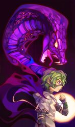  1girl absurdres aged_down bandaged_arm bandages clenched_hand closed_mouth collei_(genshin_impact) collei_(young)_(genshin_impact) creature curly_hair english_commentary fangs fangs_out forked_tongue from_side genshin_impact glowing glowing_eyes green_hair highres hood hood_down kairoseur looking_ahead looking_down monster_boy open_mouth orb orobashi_(genshin_impact) purple_background short_hair short_sleeves snake standing tongue tongue_out upper_body violet_eyes 