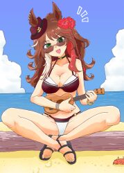  animal_ears ashitaba_tomorou bare_legs bare_shoulders beach bikini blue_sky braid brown_hair choker clouds day ears_through_headwear fedora flower forever_young_(umamusume) green_choker green_eyes hair_flower hair_ornament hat holding holding_instrument holding_ukulele horse_ears horse_girl instrument long_hair multicolored_hair ocean open_mouth outdoors playing_instrument red-tinted_eyewear sandals sitting_on_log sky streaked_hair sunglasses swimsuit tinted_eyewear ukulele umamusume 