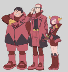  1girl 2boys arm_behind_back black_eyes bodysuit brown_hair closed_eyes closed_mouth commentary_request courtney_(pokemon) fake_horns full_body glasses gloves highres hood hood_up horned_hood horns maxie_(pokemon) mega_stone multiple_boys open_mouth pokemon pokemon_omega_ruby_and_alpha_sapphire purple_hair red_bodysuit red_gloves red_hair red_hood ribbed_bodysuit sakai_so2 short_hair standing tabitha_(pokemon) team_magma team_magma_uniform teeth turtleneck turtleneck_bodysuit violet_eyes 