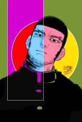  1boy beard_stubble black_hair buzz_cut circle colorful commentary_request expressionless facial_hair golden_kamuy green_background head_tilt highres imperial_japanese_army long_sideburns male_focus mature_male mujisane_togoro portrait short_hair sideburns solo stubble tanigaki_genjirou thick_eyebrows tsurime very_short_hair 