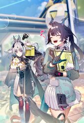  2girls air_bubble aiwo_o_lite aqua_hair arcane_(arknights) arknights arknights:_endfield black_boots black_gloves black_hair blue_gloves blurry blurry_background boots bubble chen_qianyu_(arknights) closed_eyes commentary_request dragon_girl dragon_horns dragon_tail facing_to_the_side gloves grey_hair highres horns long_sleeves multicolored_gloves multicolored_hair multiple_girls musical_note open_mouth outdoors pointing skirt smile squiggle sweat tail teeth two-sided_gloves two-tone_gloves white_skirt 