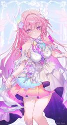  1girl breasts commentary_request cyrene_(demiurge)_(honkai:_star_rail) cyrene_(honkai:_star_rail) diamond-shaped_pupils diamond_(shape) dress flower funa_(sakana) hair_flower hair_ornament halo highres honkai:_star_rail honkai_(series) long_hair looking_at_viewer medium_breasts multicolored_hair pink_hair pointy_ears smile solo symbol-shaped_pupils twitter_username two-tone_hair very_long_hair violet_eyes white_dress white_hair 