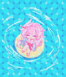  1girl afloat breadmilqq chibi chibi_only commentary earrings elf elysia_(hi_love_elf)_(honkai_impact) elysia_(honkai_impact) elysia_(summer_2026)_(honkai_impact) english_commentary hair_ornament heart heart_earrings highres honkai_(series) honkai_impact_3rd innertube jewelry long_hair multicolored_hair official_alternate_costume one-piece_swimsuit pink_hair pointy_ears pool purple_one-piece_swimsuit smile solo swim_ring swimsuit two-tone_hair very_long_hair white_hair 