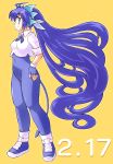 1girl absurdly_long_hair dated gomamiso_sti hand_on_hip miwajou original simple_background smile solo yellow_background 