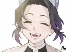  1girl :d ^_^ artist_name black_hair black_jacket butterfly_hair_ornament closed_eyes commentary_request curtained_hair demon_slayer_uniform facing_viewer gradient_hair hair_ornament haori highres jacket japanese_clothes kimetsu_no_yaiba kochou_shinobu kotaa multicolored_hair open_mouth parted_bangs portrait purple_hair short_hair sidelighting simple_background smile solo teeth white_background white_haori 
