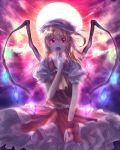  ascot blonde_hair bow dress fang flandre_scarlet happy hat highres long_hair moon necktie nya? pointing red_eyes ribbon solo the_embodiment_of_scarlet_devil touhou vampire wings wrist_cuffs 