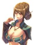 breasts brown_eyes brown_hair bustier cleavage collarbone earrings jewelry large_breasts lingerie necklace original pointy_ears ponytail rukiaano simple_background solo 