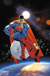  1boy absurdres asteroid black_hair blue_bodysuit bodysuit boots cape clark_kent closed_eyes commentary dc_comics earth_(planet) english_commentary highres jorge_jimenez moon muscular muscular_male planet red_boots red_cape short_hair space sun superhero_costume superman superman_(series) superman_logo 