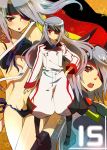  bad_id bikini boots eyepatch hand_on_hip hips infinite_stratos laura_bodewig long_hair open_mouth red_eyes silver_hair solo swimsuit 