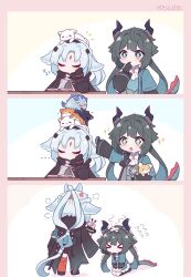  >_< +_+ ... 2girls :o absurdres anger_vein animal animal_hug animal_on_head arcane_(arknights) arknights arknights:_endfield black_boots black_gloves black_hair blue_hair blue_jacket blush boots cat chen_qianyu_(arknights) chibi clenched_hand closed_eyes commentary crossed_bandaids dragon_girl dragon_horns dragon_tail english_commentary facial_mark finger_to_mouth flying_sweatdrops forehead_mark gloves grey_eyes grey_hair highres horns jacket knee_boots kurotofu layered_sleeves long_hair long_sleeves multicolored_hair multiple_girls on_head open_clothes open_jacket open_mouth orange_thighhighs parted_bangs pleated_skirt seiza shirt short_over_long_sleeves short_sleeves sitting skirt sleeping sparkle stacking standing tail thigh-highs trembling twitter_username two-tone_hair very_long_hair white_cat white_shirt white_skirt zzz 