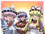  3girls arms_under_breasts blonde_hair blue_eyes blush breasts cleavage crossed_arms embarrassed eyebrows_visible_through_hair hair_between_eyes hands_in_sleeves hat highres long_hair medium_hair multiple_girls pacifier pink_hair purple_hair red_eyes saigyouji_yuyuko short_hair tearing_up tears touhou triangular_headpiece tsuki_wani wide_sleeves yakumo_yukari yasaka_kanako 