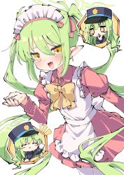  2girls alternate_costume apron blue_archive blush bow chibi chibi_inset dress earrings embarrassed enmaided fang four-pointed_star frilled_apron frills gloves green_hair green_halo halo hand_up hat highres hikari_(blue_archive) jewelry long_hair long_sleeves maid maid_apron maid_headdress multiple_girls notice_lines nozomi_(blue_archive) open_mouth peaked_cap pink_dress pink_skirt pointy_ears raised_eyebrows reaction_inset siblings simple_background sisters skirt smile solo_focus thigh-highs thumbs_up triangle_mouth tsukimirin twins twintails white_apron white_background white_gloves white_thighhighs yellow_bow yellow_eyes zettai_ryouiki 