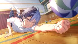  1boy aoyagi_touya ball black_pants blue_hair clenched_hand clenched_teeth colorful_palette dirty dirty_face dot_nose double-parted_bangs full_body game_asset grey_eyes grin gym_shirt gym_uniform hair_between_eyes highres indoors kimi_no_tonari_kimi_to_miru_ashita_(project_sekai) male_focus mole mole_under_eye multicolored_hair official_art pants playing_sports project_sekai shirt shoes short_sleeves sidelighting smile solo split-color_hair sweat teeth third-party_source tsurime v-shaped_eyebrows white_shirt white_shoes 