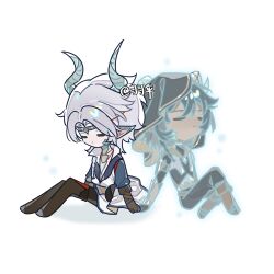  2boys angert_(infinity_nikki) aqua_horns artist_name belt black_cloak black_hair black_pants blue_tunic boots braid brown_belt brown_boots brown_gloves brown_ribbon chibi chinese_commentary circlet cloak closed_eyes coat collarbone commentary_request cropped_shirt crossed_legs dark-skinned_male dark_skin dragon_boy dragon_horns elbow_gloves expressionless ghost gloves hair_between_eyes hair_ornament heads_together highres hood hood_up hooded_cloak horn_ornament horn_ribbon horns horns_through_headwear infinity_nikki jewelry knees_up light_particles long_hair long_sleeves meghill_(infinity_nikki) midriff multiple_boys necklace nikki_(series) official_alternate_costume pants parksolian_(infinity_nikki) parted_lips puffy_long_sleeves puffy_sleeves ribbon shadow shirt side_braid simple_background single_braid sitting sleeveless sleeveless_coat spoilers thigh_boots tunic white_background white_coat white_shirt yufeizhiyan 