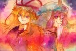  bad_id campanula-star fan hat multiple_girls saigyouji_yuyuko smile touhou traditional_media triangular_headpiece watercolor_(medium) yakumo_yukari 