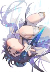  1girl akuma_(st.takuma) bandaged_hand bandaged_leg bandages black_eyes black_hair black_tunic chibi chibi_only closed_mouth commentary_request dragon_girl dragon_horns dragon_tail dragon_wings fewer_digits frown gold_shoes highres horns kidian_(trickcal) low_twintails obsidian_knife shoes solo tail thick_eyebrows trickcal tunic twintails upside-down wings 