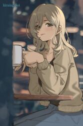  1girl alternate_hair_length_(longer) black_shirt blue_pants brown_eyes brown_hair brown_jacket commentary cup girls_band_cry hair_between_eyes holding holding_cup jacket kiraing_poi long_hair long_hair_between_eyes long_sleeves looking_at_viewer mole mole_under_eye mug official_alternate_hairstyle open_clothes open_jacket pants rupa_(girls_band_cry) shirt solo untranslatable_commentary 