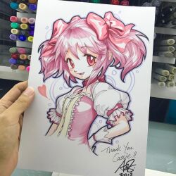  1girl arm_behind_back art_tools_in_frame artist's_hand_in_frame choker commentary cropped_torso dress english_commentary gloves heart kaname_madoka looking_at_viewer mahou_shoujo_madoka_magica marker_(medium) open_mouth photo_(medium) pink_dress pink_hair red_choker short_twintails signature smile solo stanley_lau thank_you traditional_media twintails white_background white_gloves 