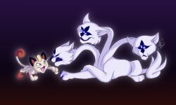  1girl animal_ears black_background cat cat_ears clover_(deltarune) coin commentary crossover deltarune east-west_crossover english_commentary gold_coin highres imperialfelids meowth multiple_heads pokemon pokemon_(creature) signature simple_background utdr_(toby_fox) whiskers white_fur 