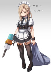  1girl bag black_necktie black_shoes black_skirt black_thighhighs blonde_hair closed_mouth commentary_request fu-ta garter_straps handheld_vacuum_cleaner high_heels highres holding holding_bag looking_at_viewer maid maid_headdress necktie original plastic_bag puffy_short_sleeves puffy_sleeve_cuffs puffy_sleeves shirt shoes short_sleeves simple_background skirt solo thigh-highs translation_request trash_bag white_shirt wrist_cuffs yellow_eyes 
