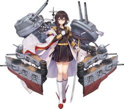  azur_lane black_dress brown_hair buttons curled_horns double-breasted dress epaulettes full_body gloves haori horns japanese_clothes mikasa_(azur_lane) military_uniform non-web_source official_art rigging ship_turret simple_background white_gloves white_haori white_horns yellow_eyes z_flag 