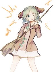  1girl :d ;d animal_ears broom brown_dress commentary_request dog_ears dress green_eyes green_hair highres holding holding_broom kasodani_kyouko long_sleeves looking_at_viewer mitsusame musical_note one_eye_closed open_mouth short_hair simple_background smile solo touhou white_background 