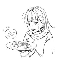  1girl 3: commentary english_commentary flying_sweatdrops food foodification frown greyscale holding holding_food holding_plate kachimachi_kosuzu living_food love_live! love_live!_hasu_no_sora_jogakuin_school_idol_club mixed-language_commentary momose_ginko monochrome multi-source_commentary nervous_smile open_mouth plate porari side_ahoge simple_background smile spoken_blush steak sweatdrop virtual_youtuber white_background 