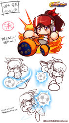 1girl artist_request ball belt black_belt black_shoes bow brown_eyes brown_hair commentary_request copyright_logo copyright_name copyright_notice explosion floating_ball goggles goggles_on_head hair_bow high_ponytail highres jikkyou_powerful_pro_yakyuu jikkyou_powerful_pro_yakyuu_(style) jikkyou_powerful_soccer kakiuchi_rumi logo multicolored_shirt multicolored_shoes multiple_girls no_mouth official_art orange_shirt orange_shoes playing_sports ponytail rayman_limbs red_bow reference_sheet shirt shoes short_sleeves soccer_ball soccer_uniform sportswear translation_request two-tone_shoes white_shirt 