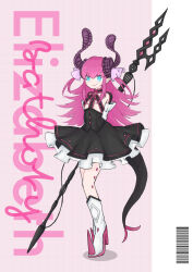  1girl absurdres asymmetrical_horns blue_eyes boots character_name curled_horns detached_sleeves dragon_girl dragon_horns dragon_tail dress elizabeth_bathory_(fate) elizabeth_bathory_(fate/extra) fate/extra fate/extra_ccc fate/grand_order fate_(series) full_body highres holding holding_polearm holding_weapon horns long_hair looking_at_viewer pink_hair pointy_ears polearm ribbon sarkany_csont_landzsa shirofox66 skirt smile solo spiked_boots tail two_side_up uneven_horns weapon 