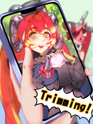  1girl 1other asymmetrical_gloves black_hat black_horns blush breasts curled_horns dragon_girl dragon_horns english_text fingerless_gloves gloves green_eyes hair_between_eyes hat heart heart_hands heart_in_eye highres holding holding_phone horns jun_pei_sousei large_breasts long_hair looking_at_viewer magus_(zenless_zone_zero) mechanical_horns mechanical_tail mismatched_gloves open_mouth orange_hair orange_pupils orphie_magnusson phone pointy_ears single_fingerless_glove smile speech_bubble symbol_in_eye tail twintails yellow_gloves zenless_zone_zero 