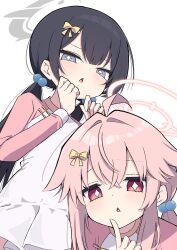  +_+ 2girls ahoge alternate_costume black_hair blue_archive blush bow dot_nose finger_to_face grey_eyes grey_halo hair_bobbles hair_bow hair_ornament halo hands_up highres index_finger_raised kisaki_(blue_archive) kisaki_(kindergarten_swimsuit)_(blue_archive) long_hair long_sleeves looking_at_viewer multiple_girls natsu_(blue_archive) official_alternate_costume official_alternate_hairstyle one-piece_swimsuit open_mouth pink_hair pink_halo raised_eyebrows red_eyes sidelocks simple_background swimsuit swimsuit_skirt tsukimirin twintails white_background yellow_bow 