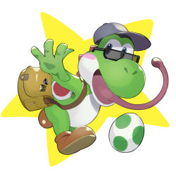  1other baseball_cap black_hat blush commentary_request egg hat highres kinoshita_jiroh looking_at_viewer open_mouth running smile star_(symbol) super_mario_bros. tinted_eyewear tongue tongue_out white_background yoshi 