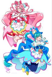  2girls :q ;q apron back_bow blue_bow blue_choker blue_dress blue_hair blue_pantyhose blue_shoes bow bow_hairband choker cone_hair_bun crossed_bangs cure_precious cure_spicy delicious_party_precure double_bun dress dress_bow earrings frilled_dress frilled_hairband frills full_body fuwa_kokone gloves green_eyes hair_between_eyes hair_bow hair_bun hairband highres jewelry kome-kome long_hair magical_girl multiple_girls nagomi_yui one_eye_closed open_mouth pam-pam pantyhose pink_bow pink_dress pink_eyes pink_hair pink_hairband pink_shoes precure puffy_short_sleeves puffy_sleeves red_bow shirako_love shoes short_sleeves simple_background smile steepled_fingers tongue tongue_out very_long_hair white_apron white_background white_gloves 